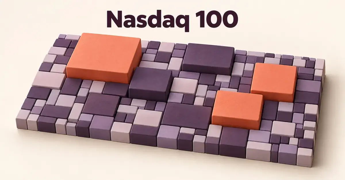 Erikokoisista violeteista ja korallinvärisistä palikoista koostuva mosaiikki havainnollistaa yhtiöiden erilaisia painoja Nasdaq 100 -indeksissä.