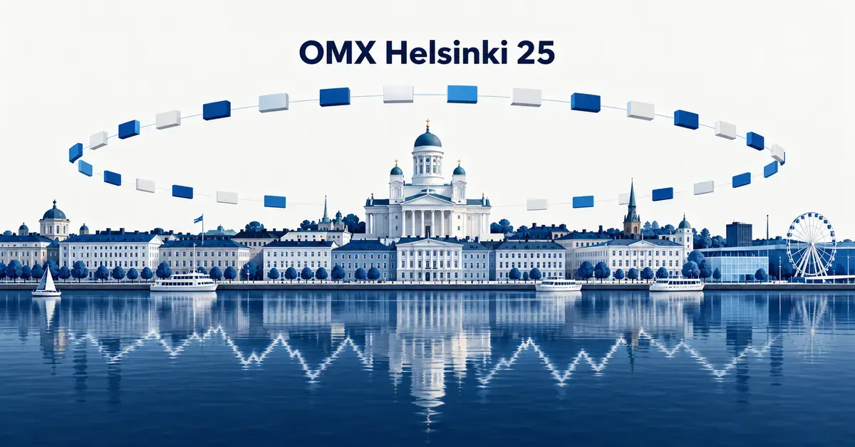 Sinivalkoinen kuvitus Helsingin merellisestä kaupunkimaisemasta, jota ympäröivä yhtiöitä kuvaava kehä ja veden kurssikäyrämäinen heijastus havainnollistavat OMX Helsinki 25 -indeksiä.